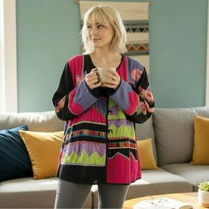 Indigo Moon Vintage 90's Colorful Artsy Boho Quilt Applique Jacket Plus Size 2X